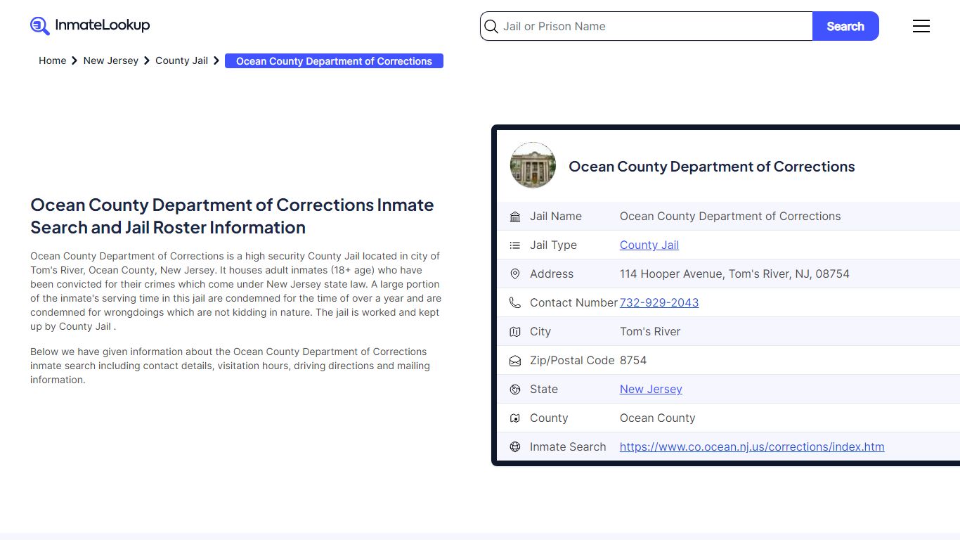Ocean County Department of Corrections Inmate Search - Inmate Lookup